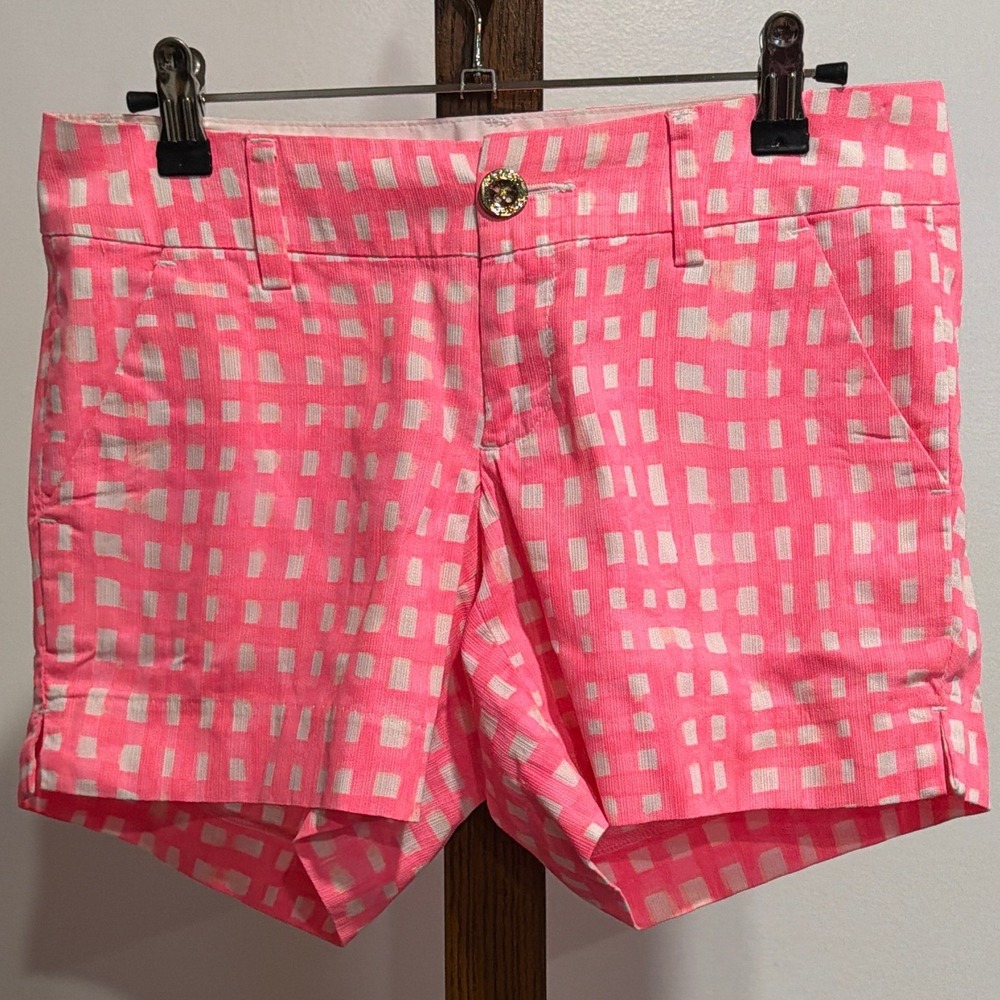 Lilly Pulitzer Callahan Shorts 00 Pink White Grid Print 5 Inch Inseam Barbiestyl
